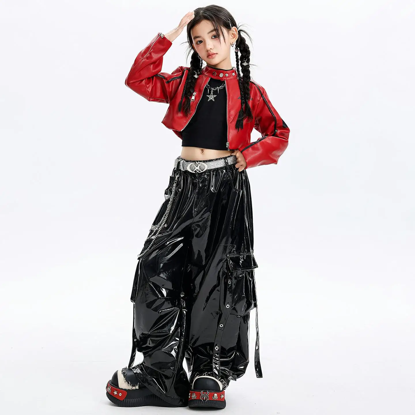 Kid Kpop Hip Hop Clothing Red Faux Leather Zip up Crop Jacket Black PU Street Strap Cargo Pants for Girl Dance Costumes Clothes
Kid Kpop Hip Hop Clothing Red Faux Leather Zip up Crop Jacket Black PU Street Strap Cargo Pants for Girl Dance Costumes Clothes