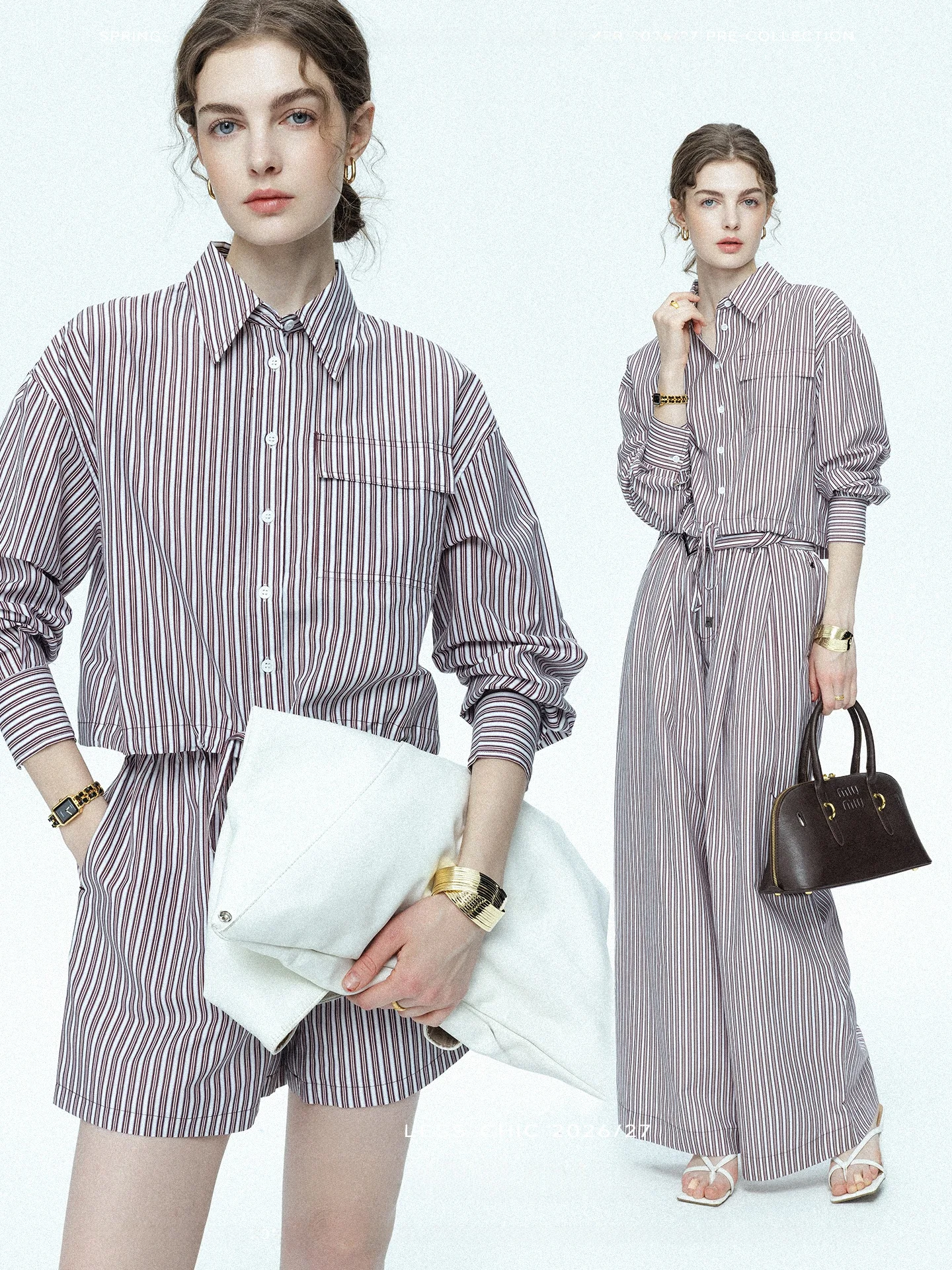 Cicilly Silk Cotton Stripe Set Long Sleeve Top Shorts Three Piece Set Design Sensation Brown White Color Woven Spring Fashion
Cicilly Silk Cotton Stripe Set Long Sleeve Top Shorts Three Piece Set Design Sensation Brown White Color Woven Spring Fashion
