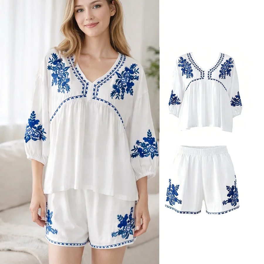 Sleepwear Women's Pajama Summer 2 Piece Set Floral Embroidery PJs Breathable Long Sleeve V Neck Shirt Shorts Homewear
Sleepwear Women's Pajama Summer 2 Piece Set Floral Embroidery PJs Breathable Long Sleeve V Neck Shirt Shorts Homewear