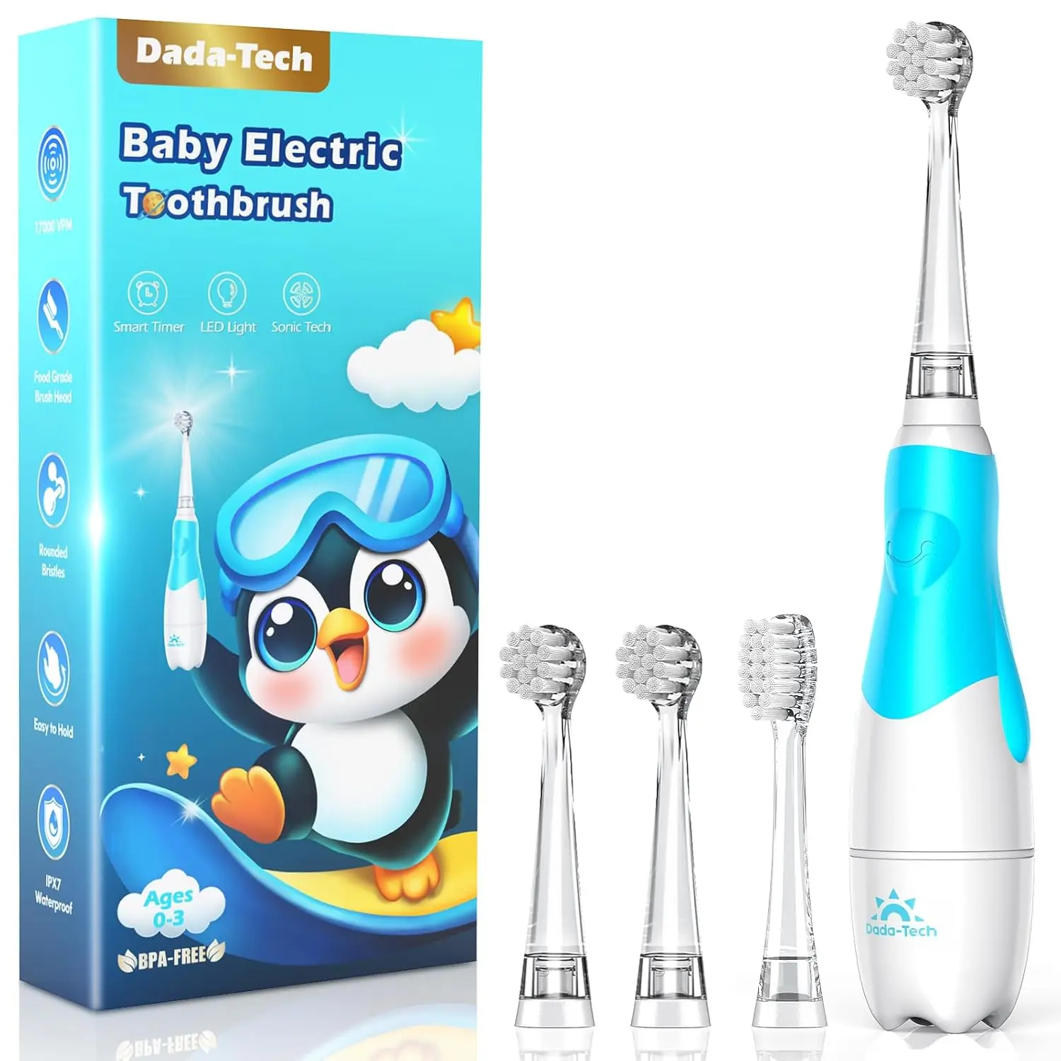 Baby Electric Toothbrush for Toddlers 1-3, LED Light, 2-Min Timer, 4 Heads, Soft Bristles, Pink Penguin
Baby Electric Toothbrush for Toddlers 1-3, LED Light, 2-Min Timer, 4 Heads, Soft Bristles, Pink Penguin
