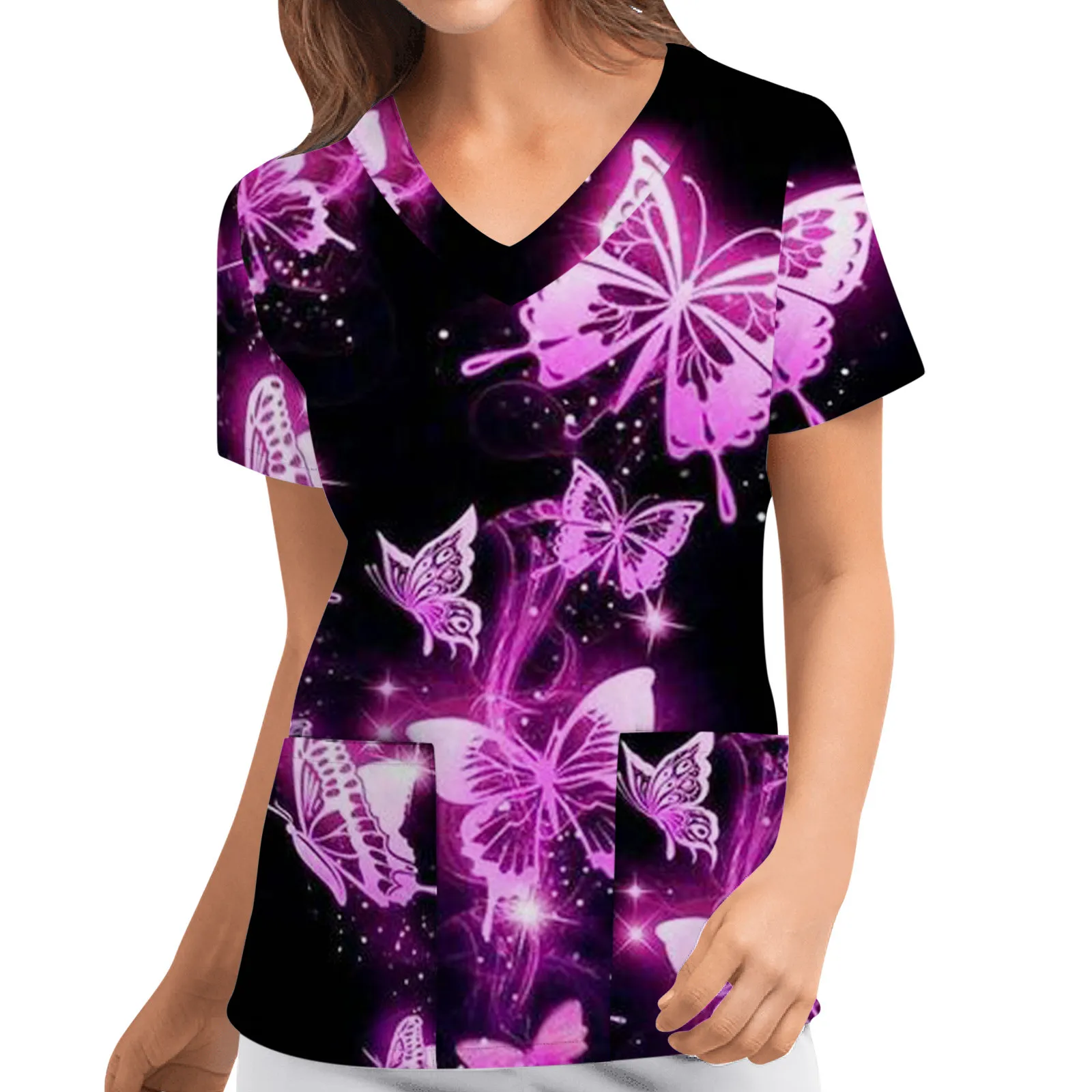 Women 2023 New Fashion Butterflies Printed Short Sleeve Workwear V Neck Pockets Tops Working T Shirt Tops Nurses Working Uniform
Women 2023 New Fashion Butterflies Printed Short Sleeve Workwear V Neck Pockets Tops Working T Shirt Tops Nurses Working Uniform