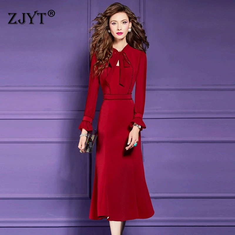 ZJYT Elegant Red Beaded Bow Collar Party Dresses Designer Flare Sleeve A-Line Midi Dress for Women Spring 2025 Ladies Vestidos
ZJYT Elegant Red Beaded Bow Collar Party Dresses Designer Flare Sleeve A-Line Midi Dress for Women Spring 2025 Ladies Vestidos