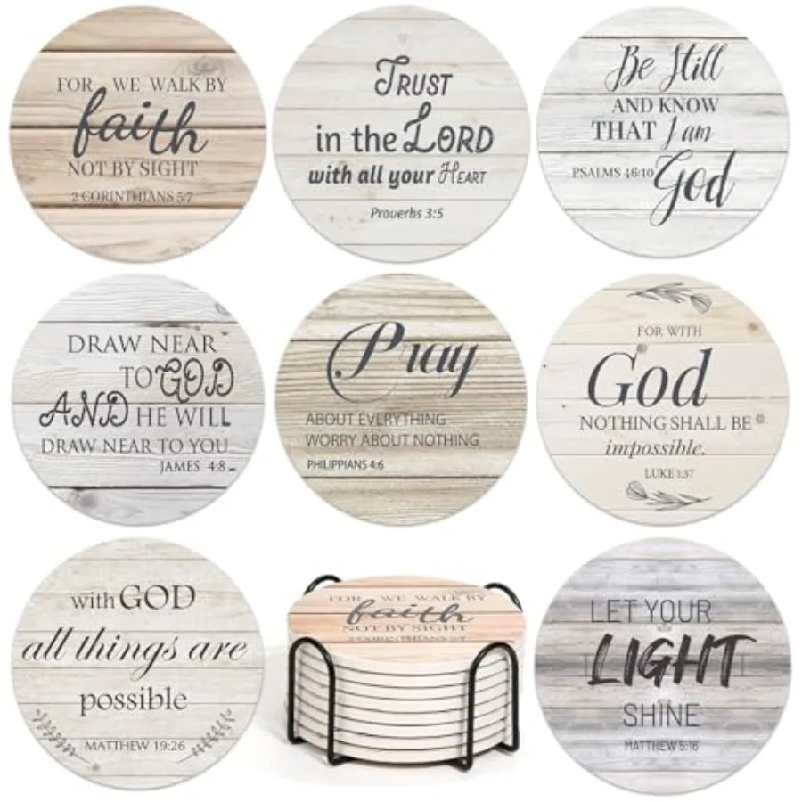 Ceramic Coasters with Bible Verses, Christian Coasters Set of 8 with Holder, Absorbent Drink Coasters for Christian Gifts and H
Ceramic Coasters with Bible Verses, Christian Coasters Set of 8 with Holder, Absorbent Drink Coasters for Christian Gifts and H