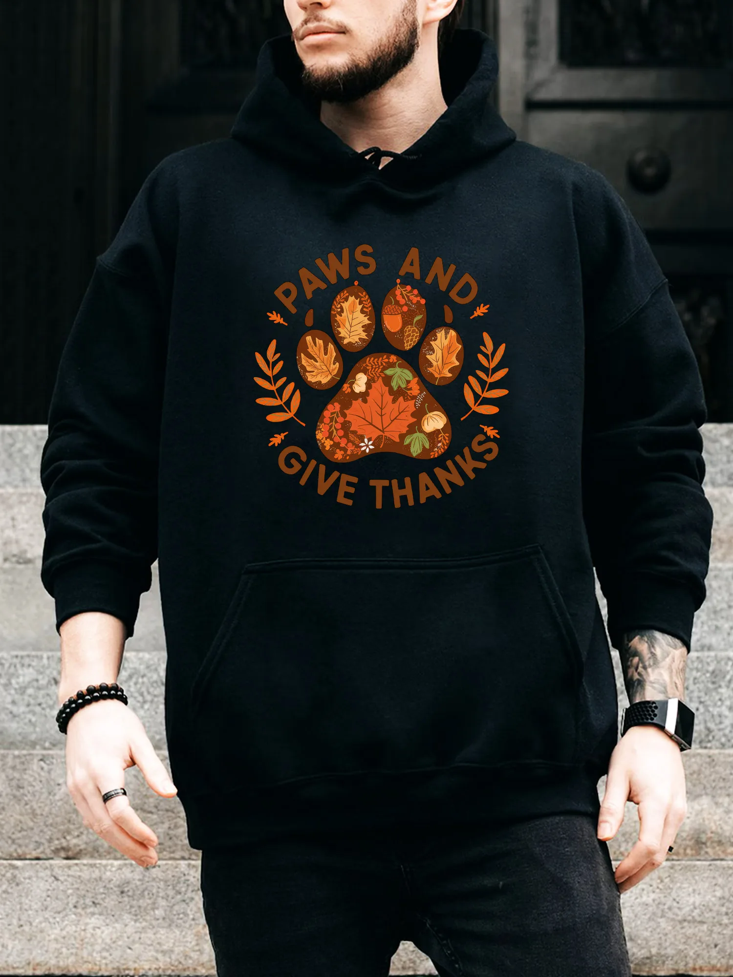 Paws and Give Thanks Men's Drawstring Hoodie - Casual Comfortable Black Pullover, Fall & Winter Hooded Sweatshirt
Paws and Give Thanks Men's Drawstring Hoodie - Casual Comfortable Black Pullover, Fall & Winter Hooded Sweatshirt