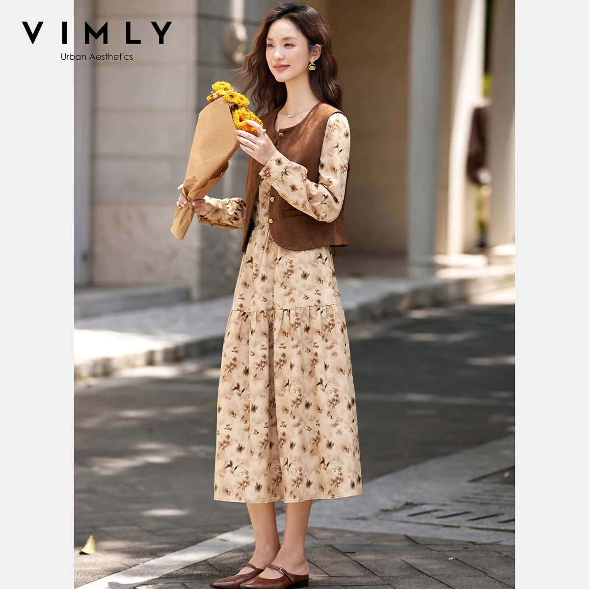 VIMLY Vacation Outfits Woman 2025 Dress Suit French Autumn Vintage Brown Waistcoat Floral Print Long Dresses Two Piece Set A2898
VIMLY Vacation Outfits Woman 2025 Dress Suit French Autumn Vintage Brown Waistcoat Floral Print Long Dresses Two Piece Set A2898