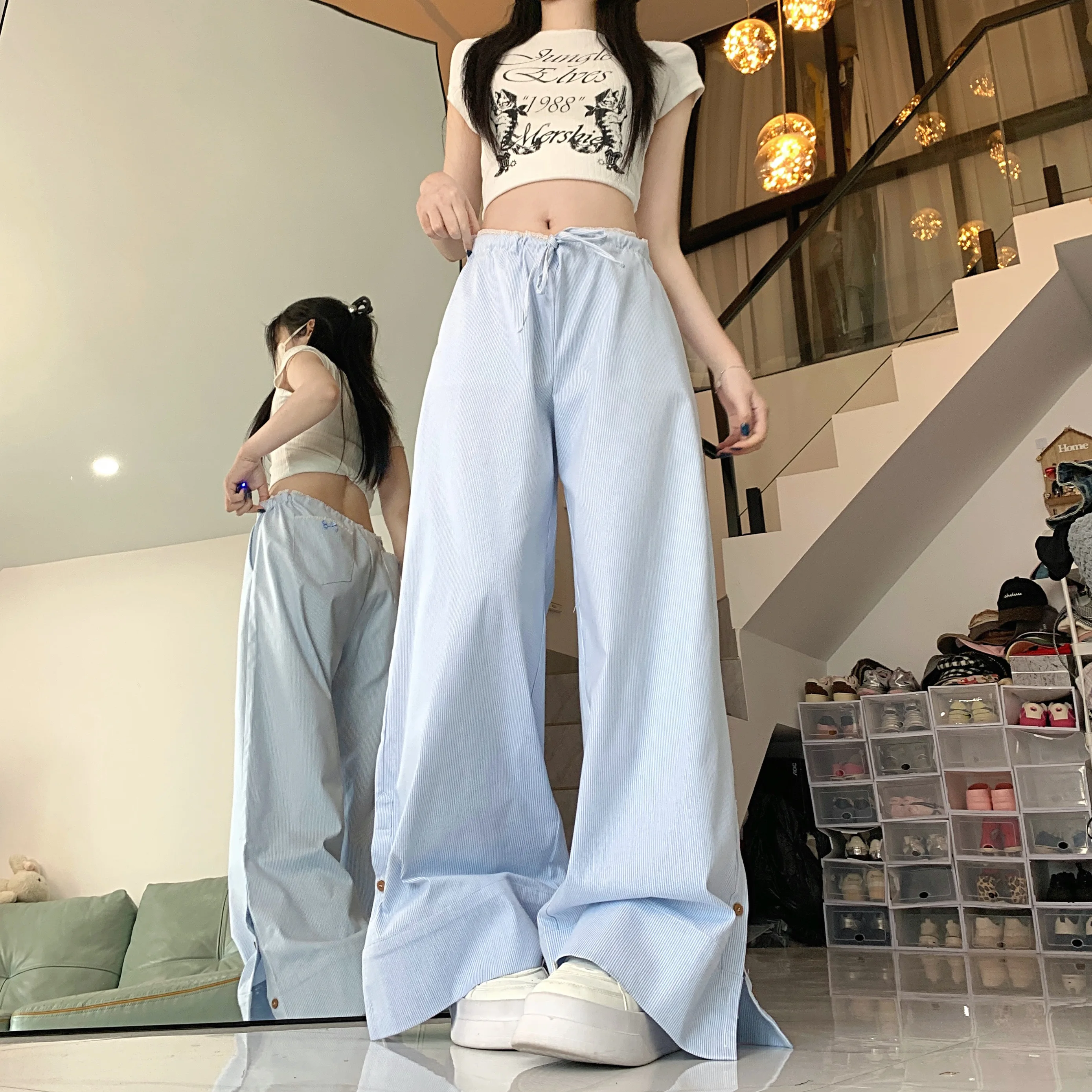 Women's Summer Casual Elastic Waist Stripe Wide Leg Pants Lady Streetwear High Waist Full Length Loose Side Split Pants
Women's Summer Casual Elastic Waist Stripe Wide Leg Pants Lady Streetwear High Waist Full Length Loose Side Split Pants