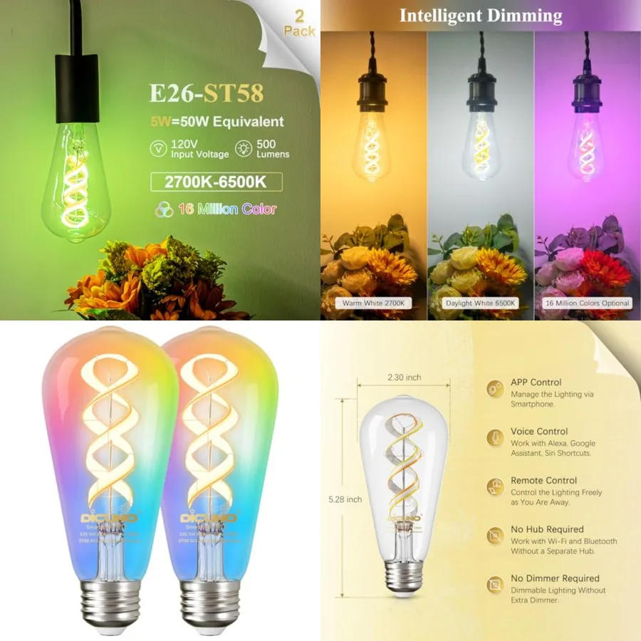 Smart Edison Bulbs ST19, Color Changing WiFi Smart Light Bulb, 2700K-6500K Tunable via App, ST58 Edison Bulb, Compatible with A
Smart Edison Bulbs ST19, Color Changing WiFi Smart Light Bulb, 2700K-6500K Tunable via App, ST58 Edison Bulb, Compatible with A