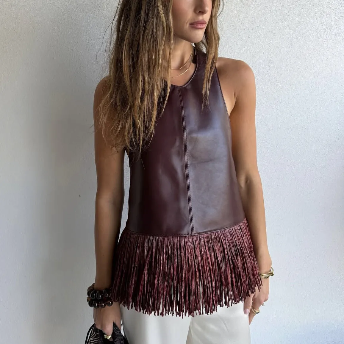 Female Tassel Backless PU Tank Top Sexy Patchwork Slim Summer 2026 New High Waist Commute Top Women's PU Leather Top Vest
Female Tassel Backless PU Tank Top Sexy Patchwork Slim Summer 2026 New High Waist Commute Top Women's PU Leather Top Vest