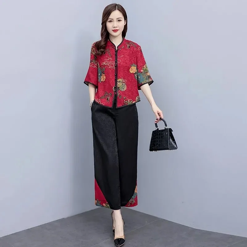 Retro Lady Leisure Large Size 4XL Trousers Two-piece Suit 2025 Femme Printing Shirt 2PCS Summer Women Top Wide Leg Pants Outfit
Retro Lady Leisure Large Size 4XL Trousers Two-piece Suit 2025 Femme Printing Shirt 2PCS Summer Women Top Wide Leg Pants Outfit