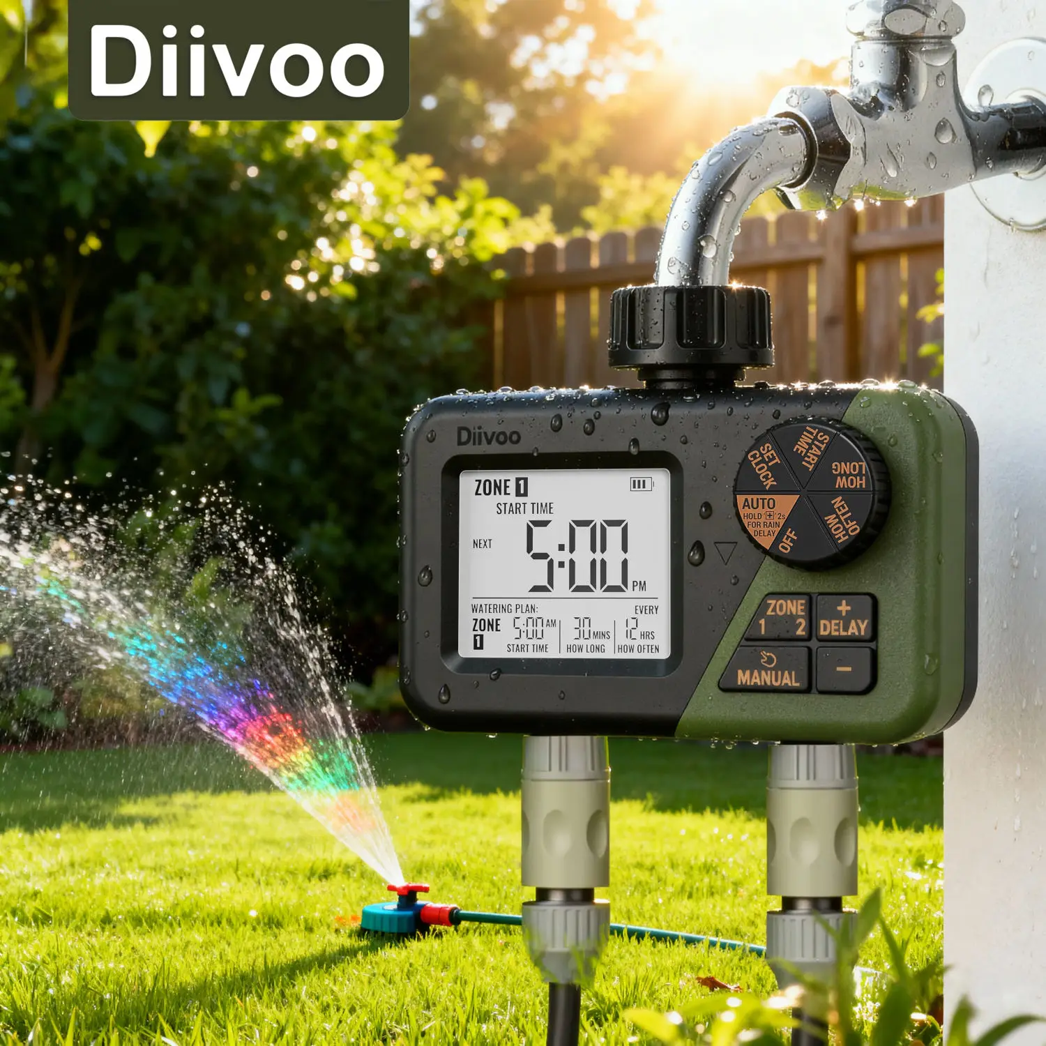 Diivoo Garden Water Timer 2 Outlets IPX5 Waterproof Multi-Functional Automatic Irrigation Timer with Rain Delay/Manual/Auto Mode
Diivoo Garden Water Timer 2 Outlets IPX5 Waterproof Multi-Functional Automatic Irrigation Timer with Rain Delay/Manual/Auto Mode