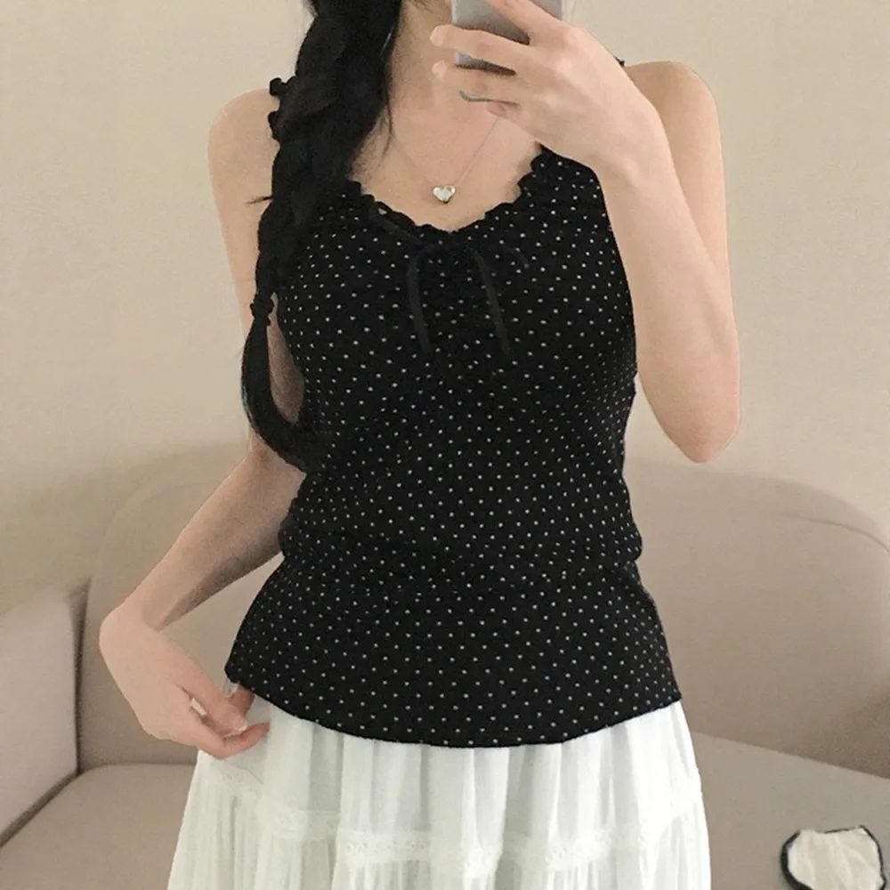 Vintage Polka Dot Tank Top Ruffled Edge Bowknot Camisole Vest Elegant Sweet Sling Top Summer
Vintage Polka Dot Tank Top Ruffled Edge Bowknot Camisole Vest Elegant Sweet Sling Top Summer