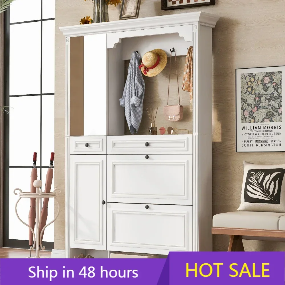 54.7'' Hall Tree with Integrated Shoe Cabinet,Mirrored Cabinet Door,2Flip Drawers,4Hooks and 2 Cabinets for Entrance
54.7'' Hall Tree with Integrated Shoe Cabinet,Mirrored Cabinet Door,2Flip Drawers,4Hooks and 2 Cabinets for Entrance