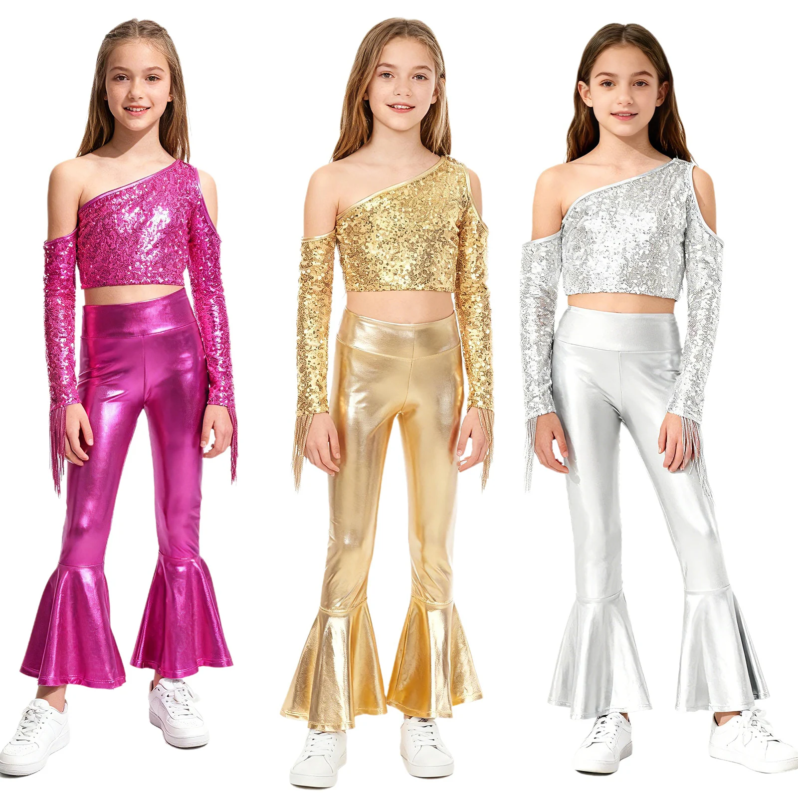 Kids Girls Jazz Dance Stage Performance Costume One Shoulder Long Sleeve Sequin Tassels Crop Top with Bell-bottom Metallic Pants
Kids Girls Jazz Dance Stage Performance Costume One Shoulder Long Sleeve Sequin Tassels Crop Top with Bell-bottom Metallic Pants