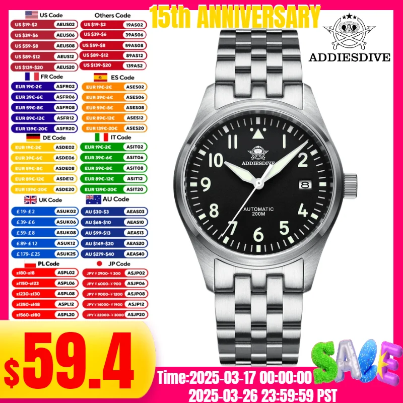 ADDIESDIVE Men watch Stainless steel Luminous sapphire crystal 20Bar waterproof relogio masculino Automatic Mechanical Watches
ADDIESDIVE Men watch Stainless steel Luminous sapphire crystal 20Bar waterproof relogio masculino Automatic Mechanical Watches