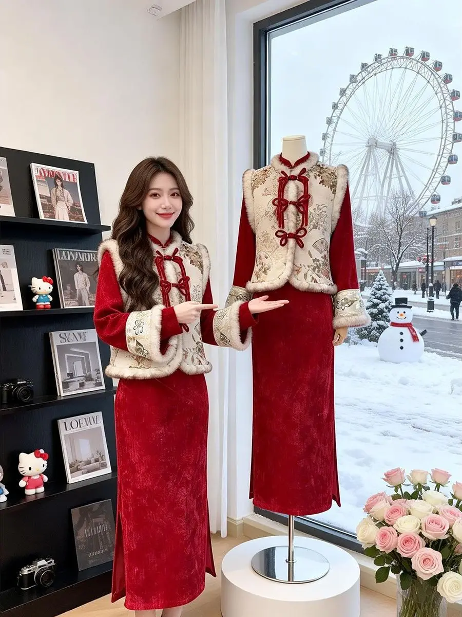 Red Thickened Fleece Retro Style Dress Set Winter Greetings Outfit Adult Women's Fashion Ensemble
Red Thickened Fleece Retro Style Dress Set Winter Greetings Outfit Adult Women's Fashion Ensemble