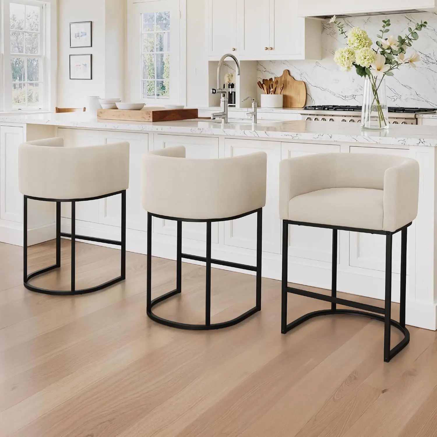 27" Counter Height Bar Stool Set 3 Modern Barrel Backrest Arms Black Metal Linen Fabric Kitchen Island, Customized
27" Counter Height Bar Stool Set 3 Modern Barrel Backrest Arms Black Metal Linen Fabric Kitchen Island, Customized