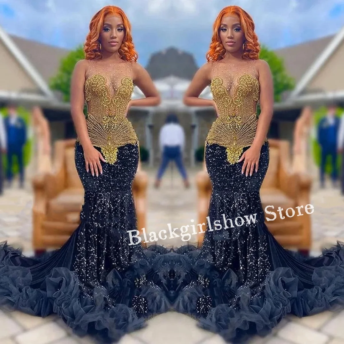 Glitter Diamante Lace Evening Gown Black Gold Inlaid Sequins Mermaid African Girl Birthday Party Customised robe de soirée
Glitter Diamante Lace Evening Gown Black Gold Inlaid Sequins Mermaid African Girl Birthday Party Customised robe de soirée