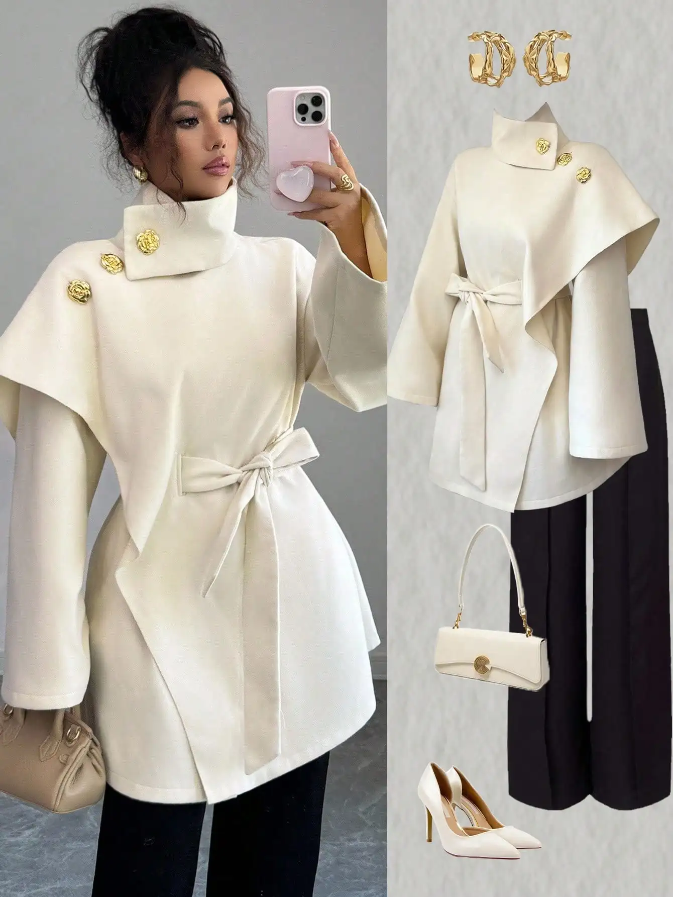Elegant Women's Solid Color Cape Coat with Belt, Winter Style
Elegant Women's Solid Color Cape Coat with Belt, Winter Style