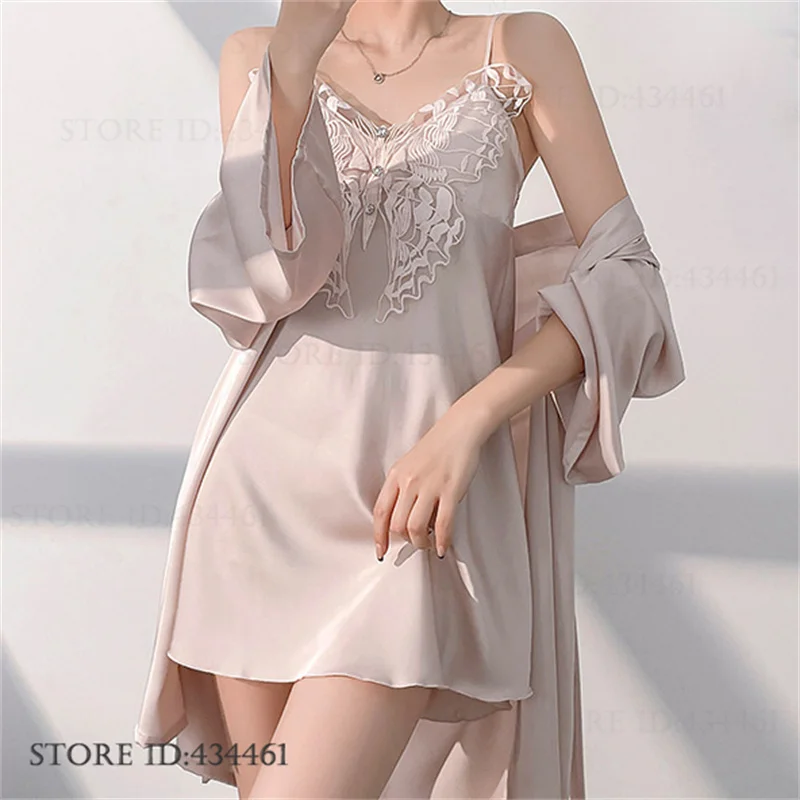 Female Nighty&Robe Set Sexy Butterfly Lace Suspender Nightgown Sleep Dress Spring Summer Silk Satin Bathrobe Gown Loungewear
Female Nighty&Robe Set Sexy Butterfly Lace Suspender Nightgown Sleep Dress Spring Summer Silk Satin Bathrobe Gown Loungewear