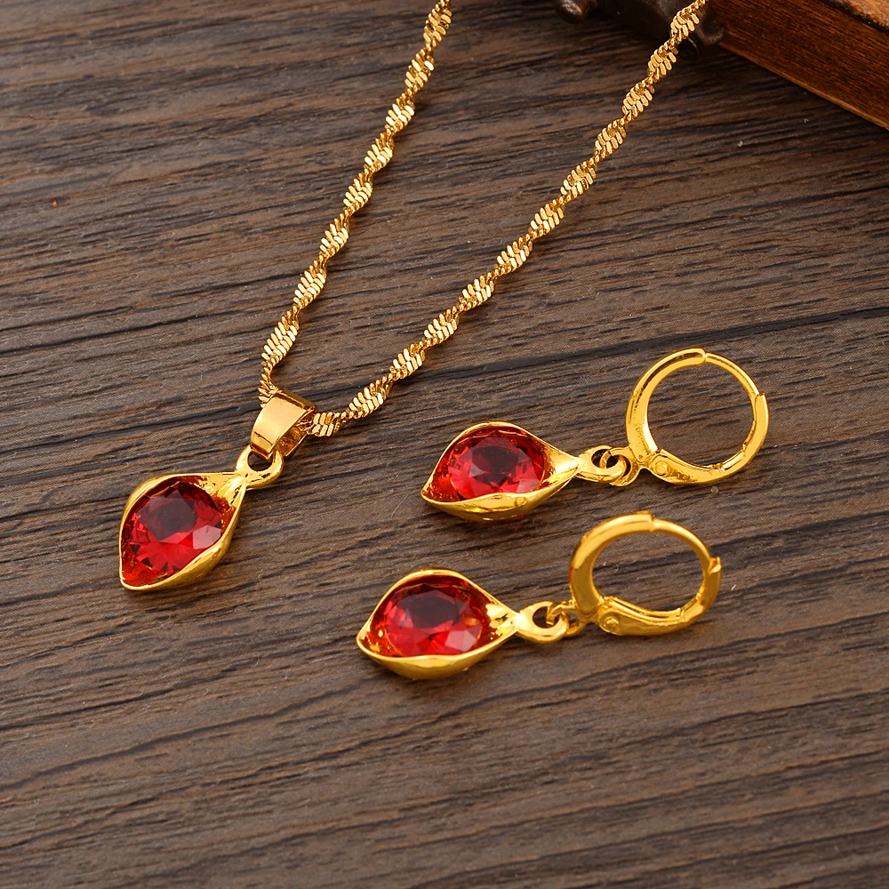 Drop Shaped Gold Plated Africa Red CZ Cute Necklace pendant Earrings wedding Birthday Party Jewelry Sets For Women Girl Gifts
Drop Shaped Gold Plated Africa Red CZ Cute Necklace pendant Earrings wedding Birthday Party Jewelry Sets For Women Girl Gifts