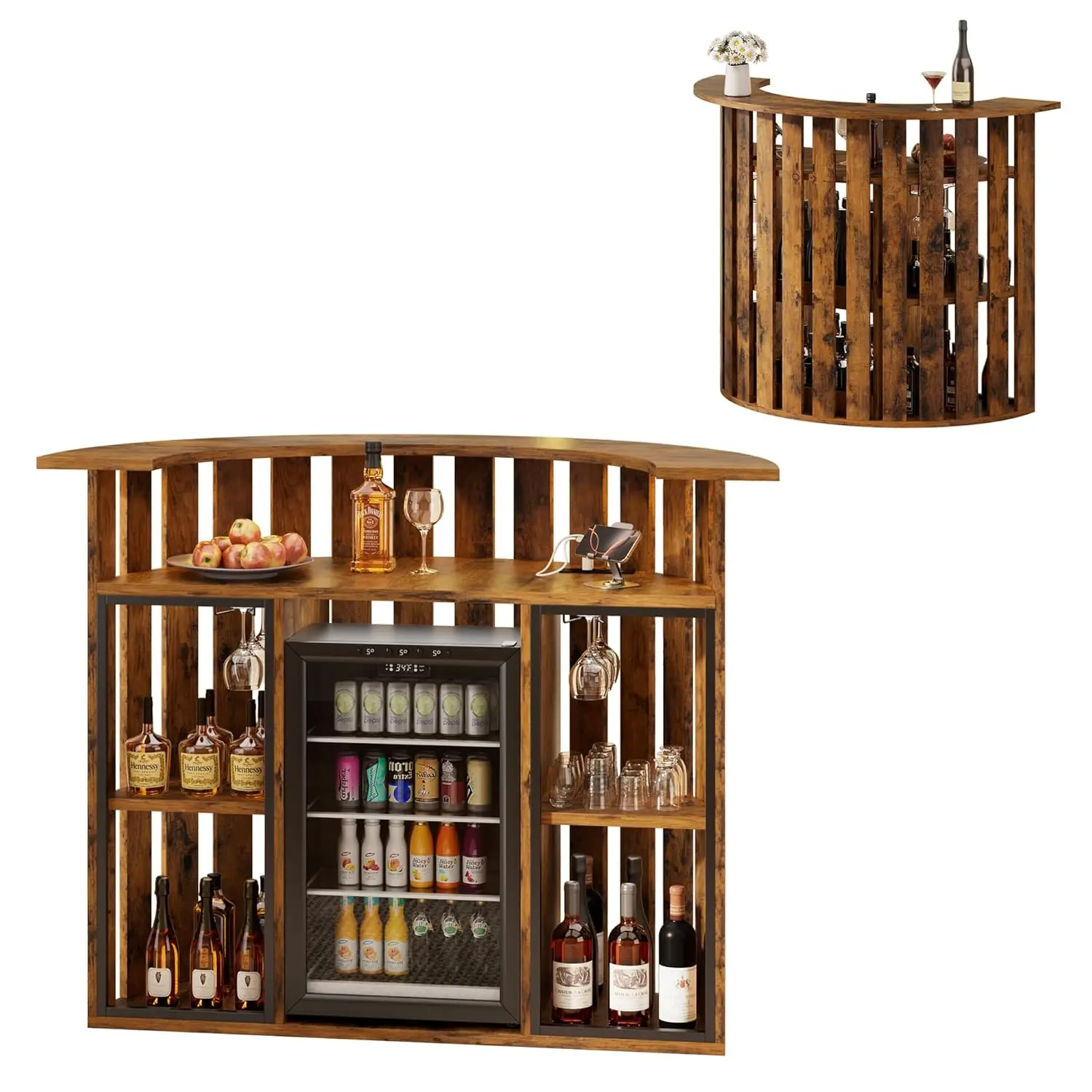 4-Tier Bar Table - Rustic Semi-Circle Bar Table with Wine Racks & Mini Fridge Space, 53.9" Arc-Shaped Modern Bar, Customized