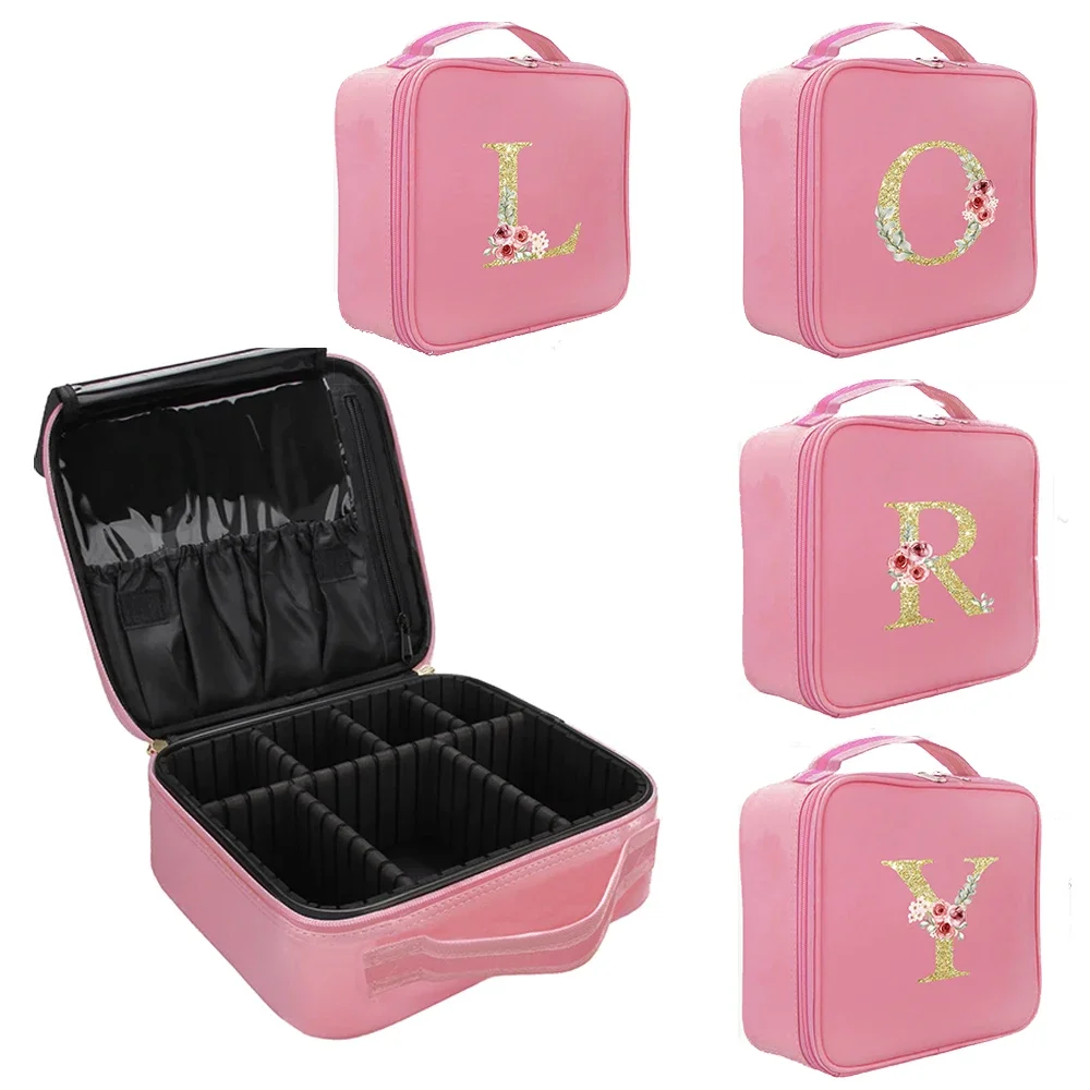 Gold letter print and pink shell with adjustable dividers, travel makeup bag, large professional portable makeup bag
Gold letter print and pink shell with adjustable dividers, travel makeup bag, large professional portable makeup bag