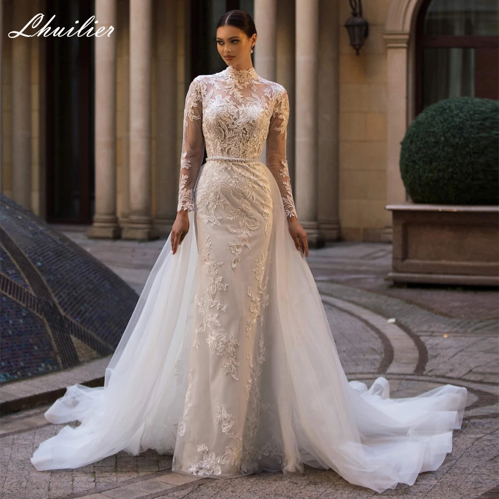 Lhuilier Customized Mermaid Lace Wedding Dresses O-Neck Long Sleeves Beaded Bridal Gowns with Detachable Train
Lhuilier Customized Mermaid Lace Wedding Dresses O-Neck Long Sleeves Beaded Bridal Gowns with Detachable Train