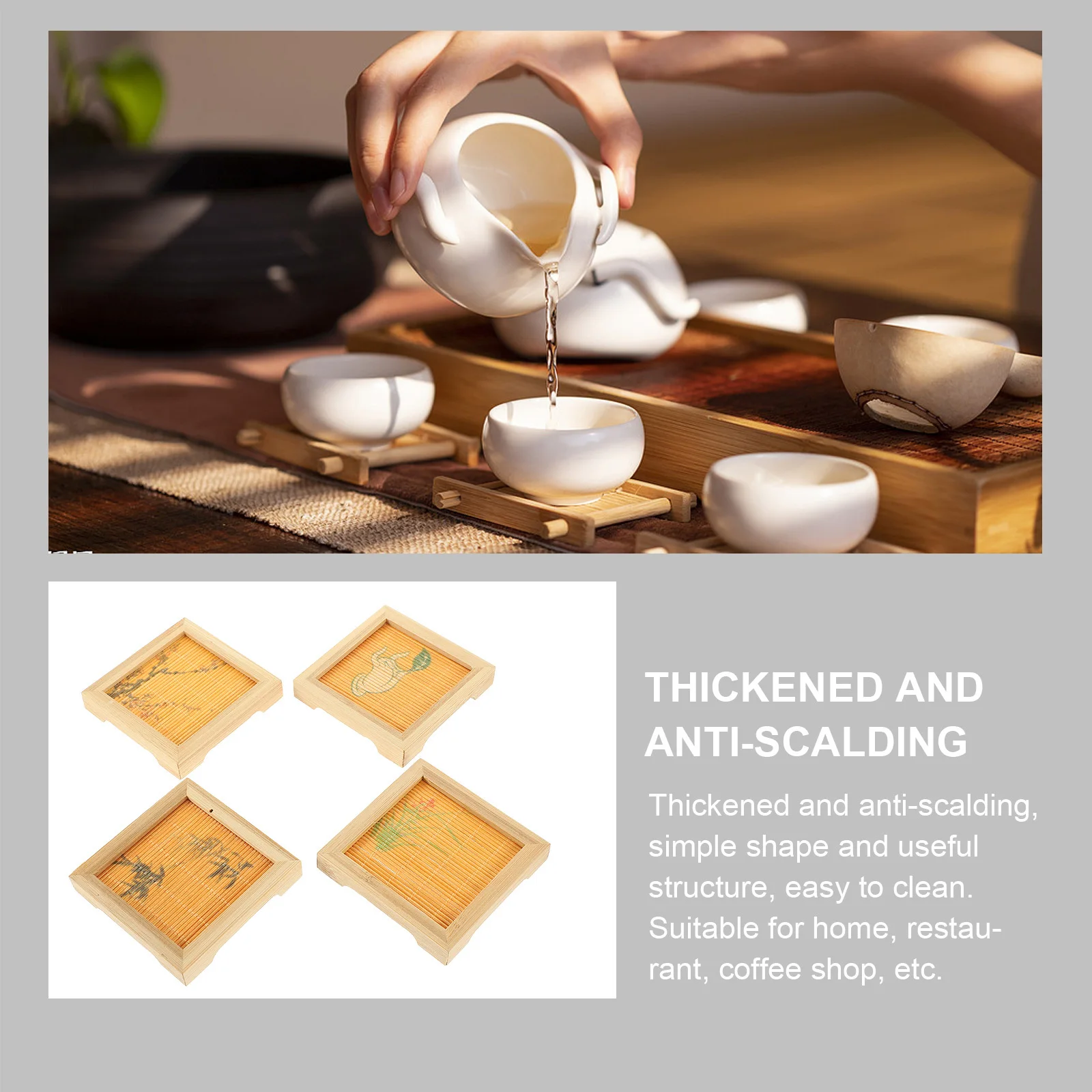4Pcs Bamboo Drink Coasters Exquisite Craftsmanship Easy Clean for Various Cups Styles Bamboo Coasters Protective Cup Mats
4Pcs Bamboo Drink Coasters Exquisite Craftsmanship Easy Clean for Various Cups Styles Bamboo Coasters Protective Cup Mats