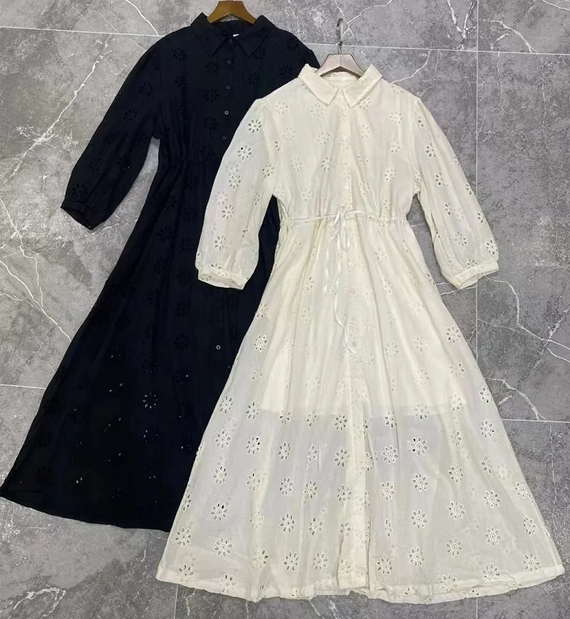 Newest Fashion Spring Dress 2024 High Quality Women Turn-down Collar Drawstring Waist 3/4 Sleeve Hollow Out Embroidery Dress
Newest Fashion Spring Dress 2024 High Quality Women Turn-down Collar Drawstring Waist 3/4 Sleeve Hollow Out Embroidery Dress