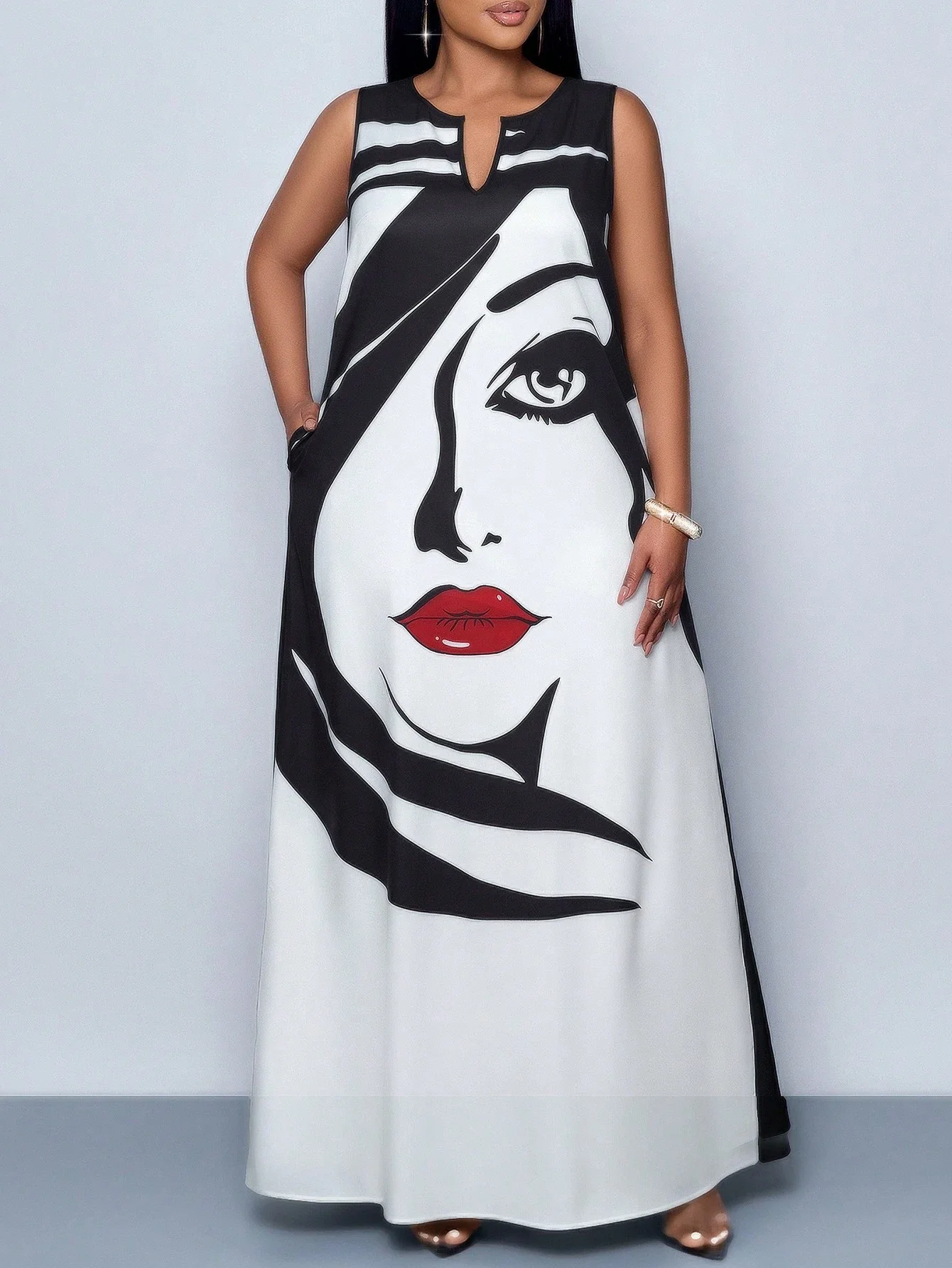 Plus Size Women Face Print V-Neck Sleeveless Long Casual Maxi Dress With Pockets
Plus Size Women Face Print V-Neck Sleeveless Long Casual Maxi Dress With Pockets