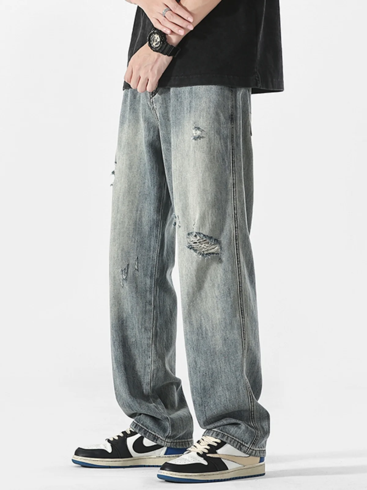 Рваные мужские джинсы в американском стиле, летние, тонкие, прямого кроя, широкие, свободные, с эффектом похудения, винтажные, модные, брендовые
Рваные мужские джинсы в американском стиле, летние, тонкие, прямого кроя, широкие, свободные, с эффектом похудения, винтажные, модные, брендовые