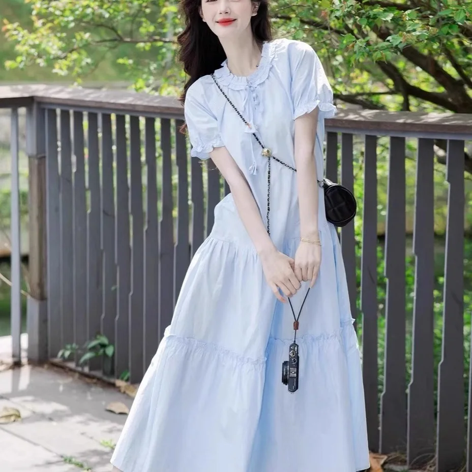 2025 summer French blue fungus edge short sleeved dress for women with a gentle and loose style that makes them look slim
2025 summer French blue fungus edge short sleeved dress for women with a gentle and loose style that makes them look slim