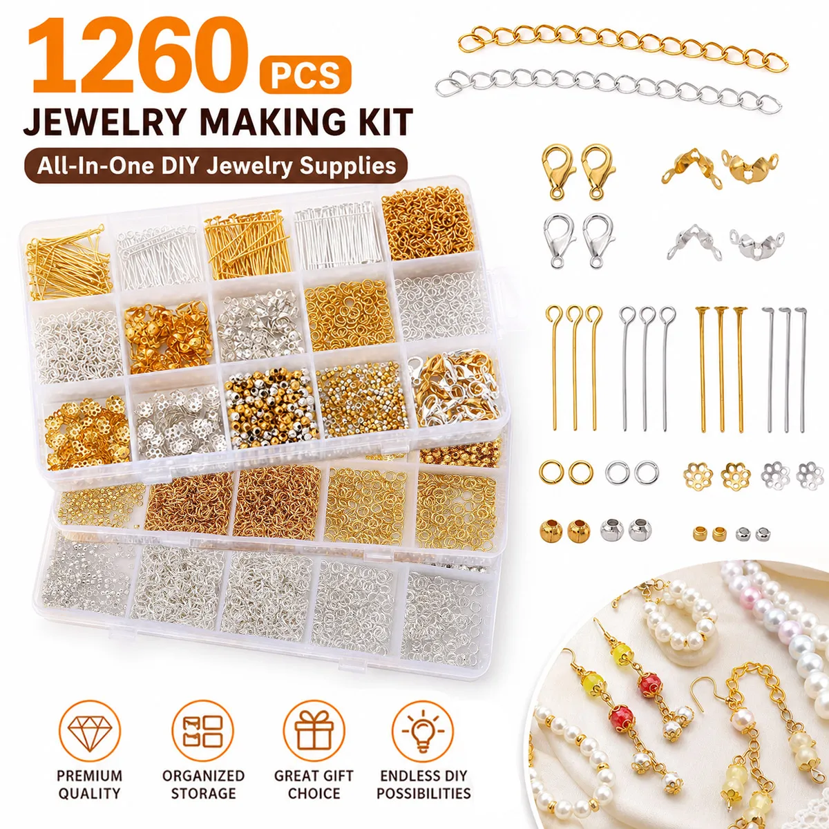 1260Pcs Jewelry Making Alloy Findings Kit Include Lobster Clasps Jump Rings Head Pins Chains DIY Earring Necklace Supplies
1260Pcs Jewelry Making Alloy Findings Kit Include Lobster Clasps Jump Rings Head Pins Chains DIY Earring Necklace Supplies