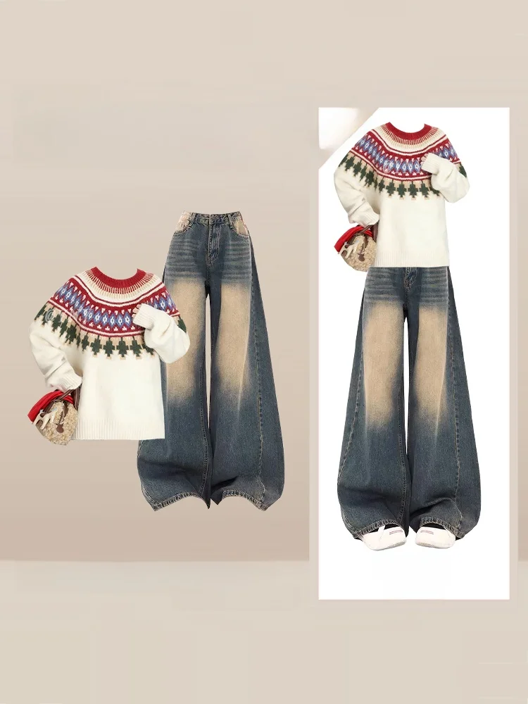 Retro Striped Sweater High Waist Wide Leg Jeans Loose Slimming Set Autumn Winter New Style Women's Fashion Casual Outfit
Retro Striped Sweater High Waist Wide Leg Jeans Loose Slimming Set Autumn Winter New Style Women's Fashion Casual Outfit