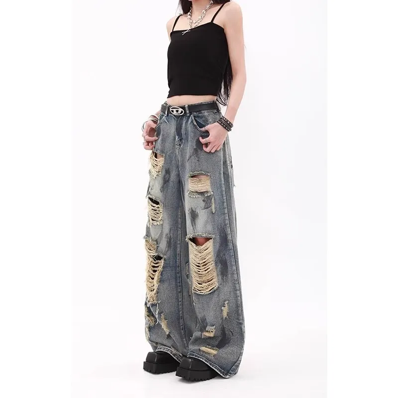 Summer New Women Washed Denim Pant Straight LegFloor Length Loose Denim Trouser Draping Vintage Wasteland Splash Ink Ripped Jean
Summer New Women Washed Denim Pant Straight LegFloor Length Loose Denim Trouser Draping Vintage Wasteland Splash Ink Ripped Jean
