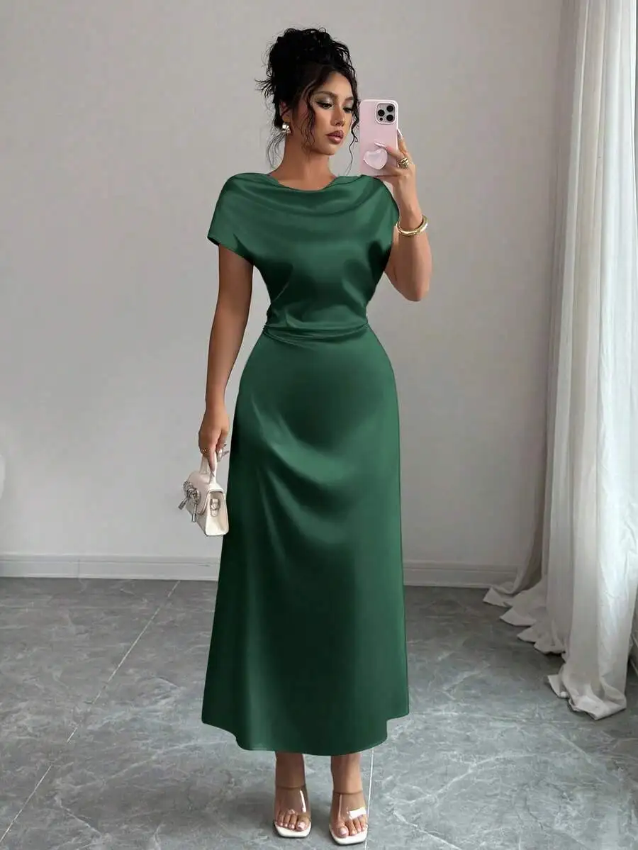 Elegant Satin Short Sleeve Dress With Boat Neck For Women
Elegant Satin Short Sleeve Dress With Boat Neck For Women