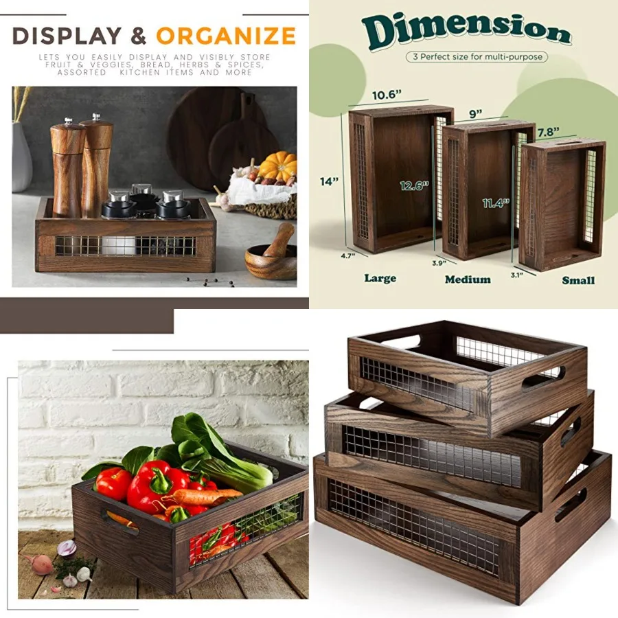 Set of 3 Extra Large Wooden Nesting Countertop Baskets, Rustic Wood Storage Organizer for Kitchen, Pantry or Bathroom Fruit, Ve
Set of 3 Extra Large Wooden Nesting Countertop Baskets, Rustic Wood Storage Organizer for Kitchen, Pantry or Bathroom Fruit, Ve