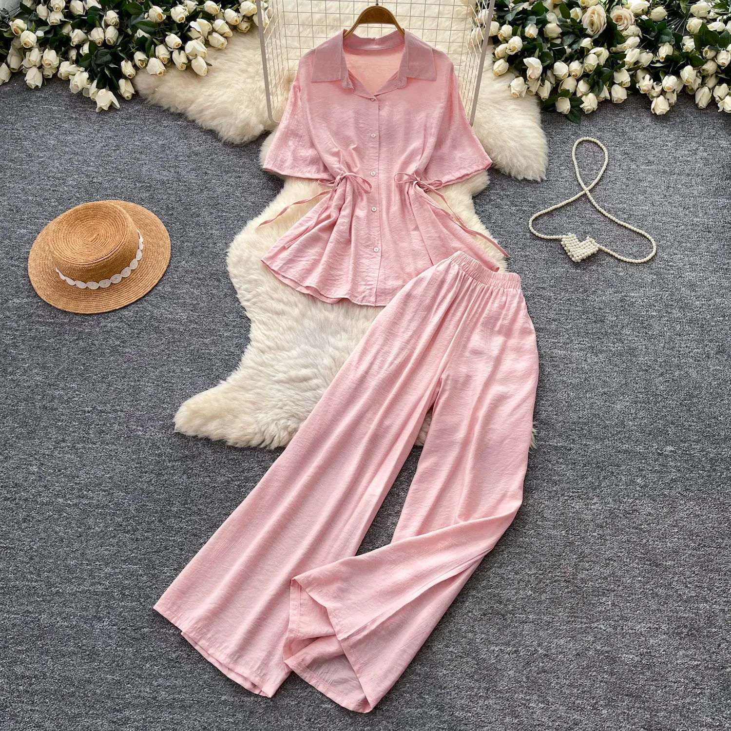 Women Pant Set Two Piece Sets Turn Down Collar Short Sleeve Shirt Wide Leg Long Pants Elastic Waist Y2k Streetwear Elegant 2026
Women Pant Set Two Piece Sets Turn Down Collar Short Sleeve Shirt Wide Leg Long Pants Elastic Waist Y2k Streetwear Elegant 2026