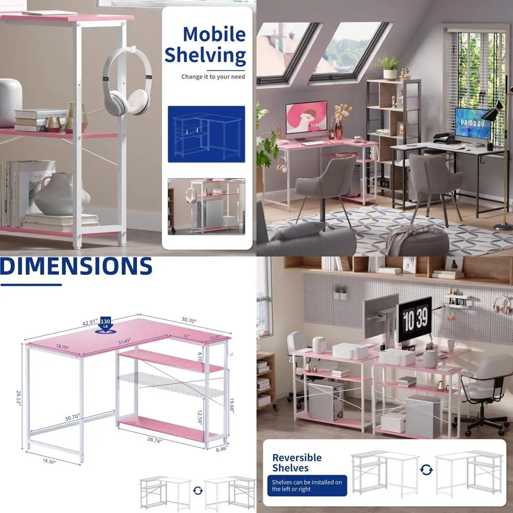 Pink Corner L-Shaped Desk with Reversible Shelves for Compact Home Office and Bedroom PC Desk
Pink Corner L-Shaped Desk with Reversible Shelves for Compact Home Office and Bedroom PC Desk
