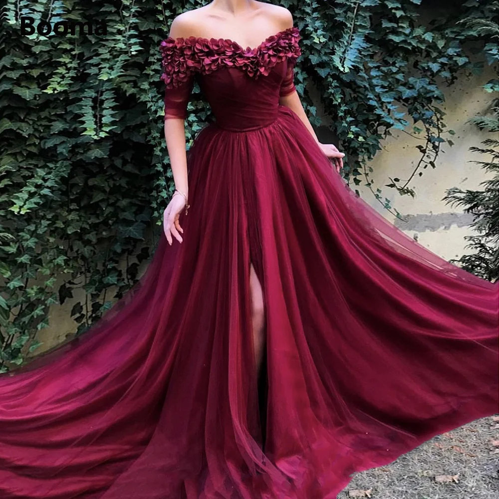 Booma Wine Red Off-the-Shoulder A-Line Prom Dresses Half Sleeves Handmade Flower Petals High Slit Tulle Evening Night Gowns
Booma Wine Red Off-the-Shoulder A-Line Prom Dresses Half Sleeves Handmade Flower Petals High Slit Tulle Evening Night Gowns
