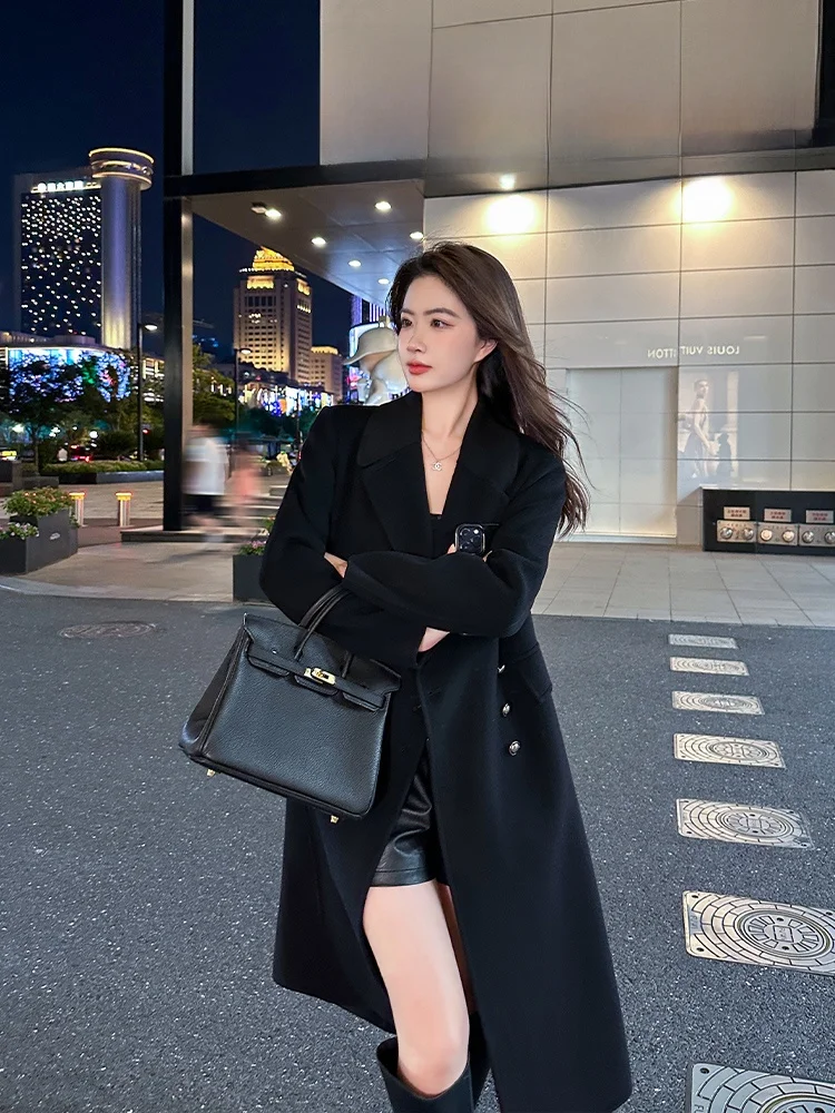 Ele Double-Faced Camere Long Coat Women's Bla High-End Woolen Outerwear Korean Sle Office Commute Faion
Ele Double-Faced Camere Long Coat Women's Bla High-End Woolen Outerwear Korean Sle Office Commute Faion