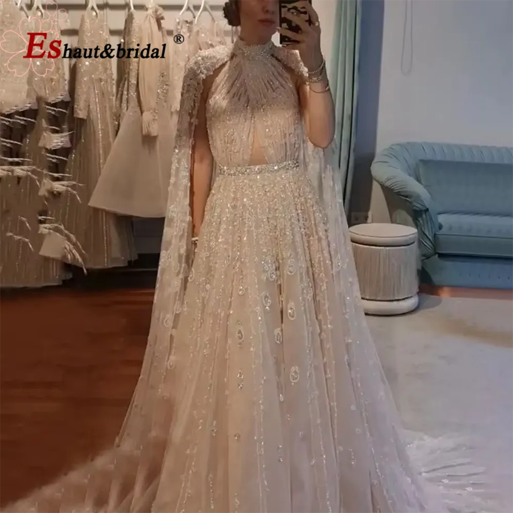 Luxury Dubai Arabic A Line Beads Evening Dresses with Cape Sleeves 2025 High Neck Long Formal Prom Wedding Party Gown Customized
Luxury Dubai Arabic A Line Beads Evening Dresses with Cape Sleeves 2025 High Neck Long Formal Prom Wedding Party Gown Customized