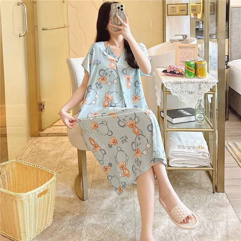 Womens Nightwear Nightdress 코튼 실크 숙녀 여름 짧은 소매 만화 프린트 학생 드레스 잠옷 대형 느슨한 W 가능