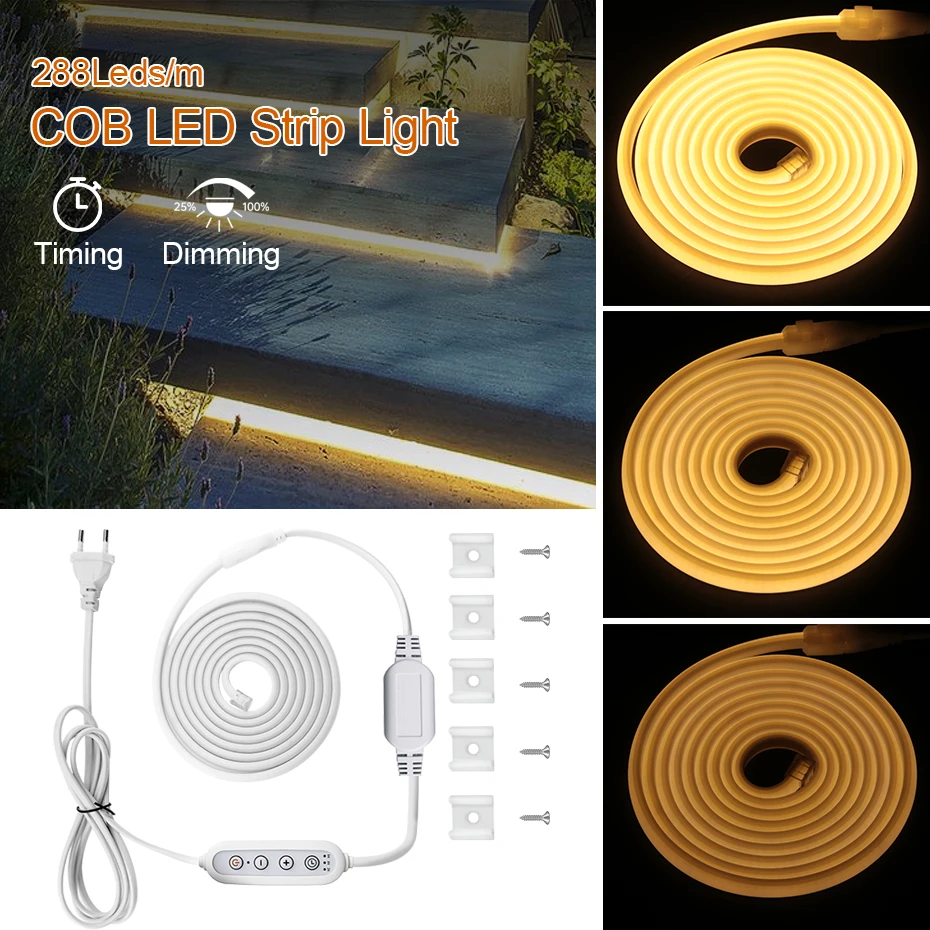 220V COB LED Strip Light 288LEDs/m with No Switch/Dimmer EU AU Plug Led Tape Ribbon Waterproof Neon Lights For Indoor Lighting
220V COB LED Strip Light 288LEDs/m with No Switch/Dimmer EU AU Plug Led Tape Ribbon Waterproof Neon Lights For Indoor Lighting