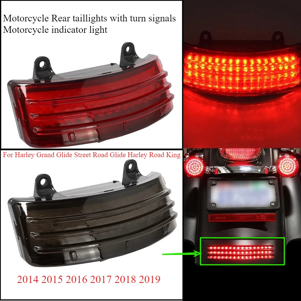 Motorcycle taillights with turn signal indicator lights for Harley Grand Glide Street Road Glide Harley Road King 2014 2015-2019
Motorcycle taillights with turn signal indicator lights for Harley Grand Glide Street Road Glide Harley Road King 2014 2015-2019