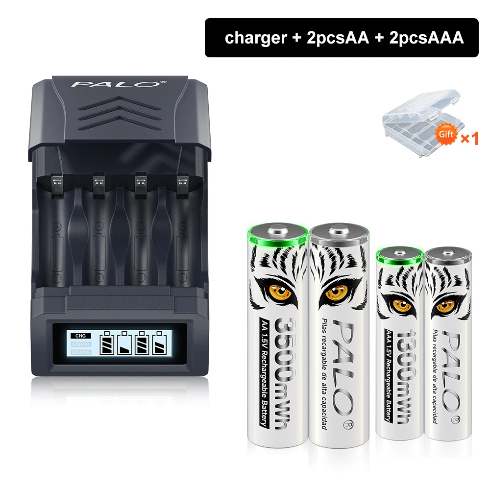 PALO 1.5V Li-Ion 3500mAh AA rechargeable battery + 1.5V 1300mAh AAA Batteries + LCD display smart battery charger for AA AAA
PALO 1.5V Li-Ion 3500mAh AA rechargeable battery + 1.5V 1300mAh AAA Batteries + LCD display smart battery charger for AA AAA