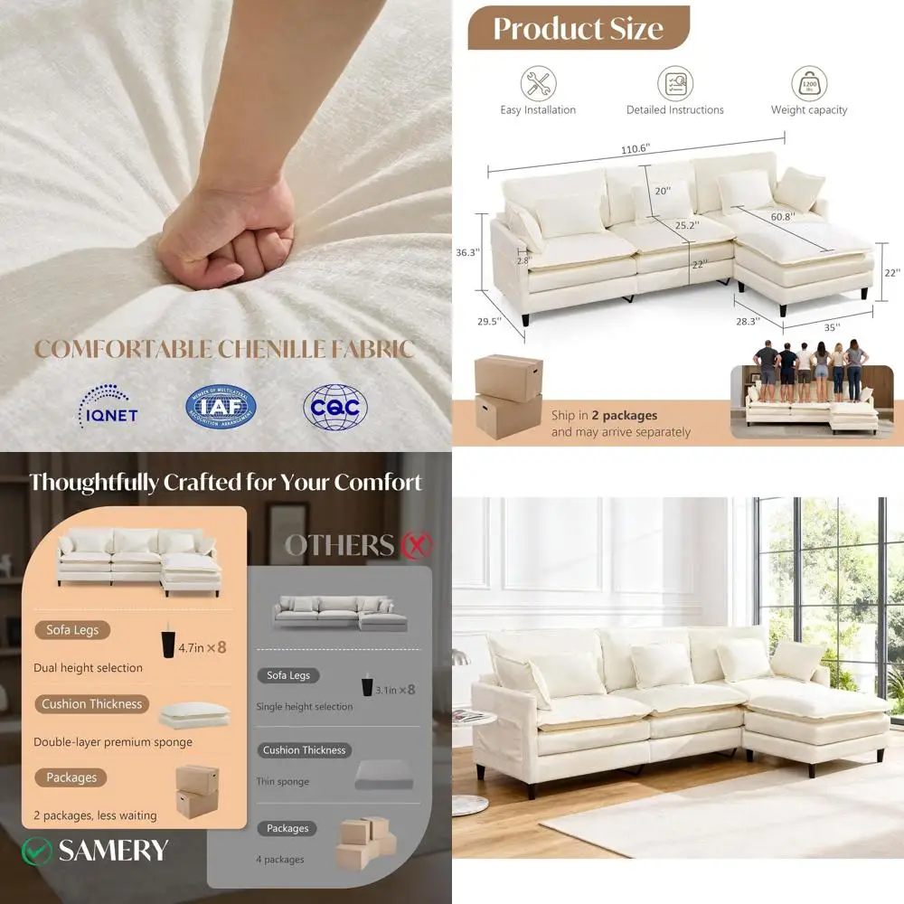 Beige Chenille L-Shaped Cloud Sectional Sofa with Movable Ottoman Pillows for Living Room and Bedroom
Beige Chenille L-Shaped Cloud Sectional Sofa with Movable Ottoman Pillows for Living Room and Bedroom