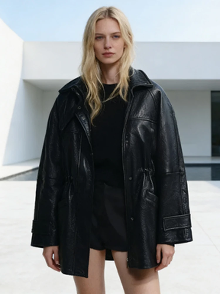 Womens Retro Black Elastic Waist Leather Jacket Vintage Stand Collar Zipper Pocket Loose Jackets 2026 Lady Highstreet Outerwear
Womens Retro Black Elastic Waist Leather Jacket Vintage Stand Collar Zipper Pocket Loose Jackets 2026 Lady Highstreet Outerwear