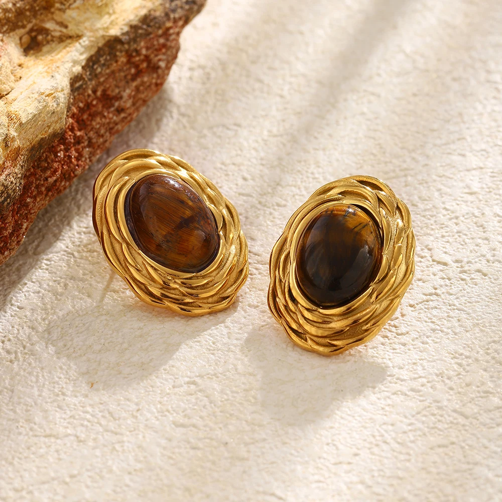 Women's Stainless Steel Plated 18K Gold Earrings with Metal Tiger Eye Stone Jewelry Gift
Women's Stainless Steel Plated 18K Gold Earrings with Metal Tiger Eye Stone Jewelry Gift