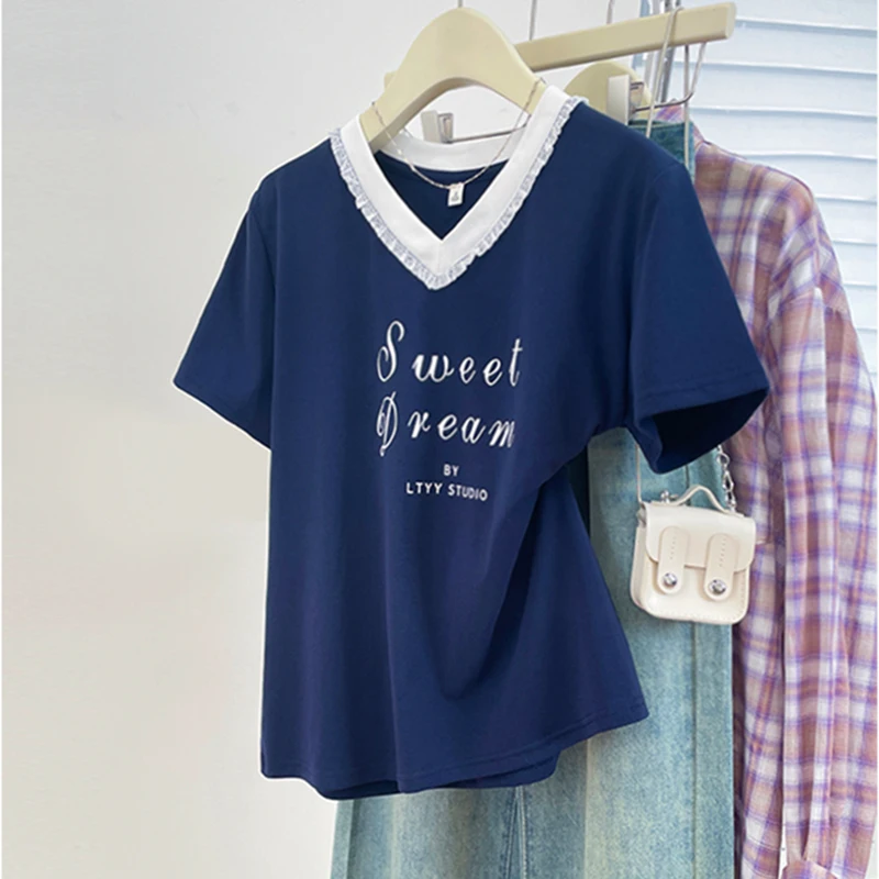 Casual Letter Printed T-shirt For Women Summer V-Neck Lace Patchwork Short Sleeved Tees 2025 Korean Style Loose Versatile Tops
Casual Letter Printed T-shirt For Women Summer V-Neck Lace Patchwork Short Sleeved Tees 2025 Korean Style Loose Versatile Tops